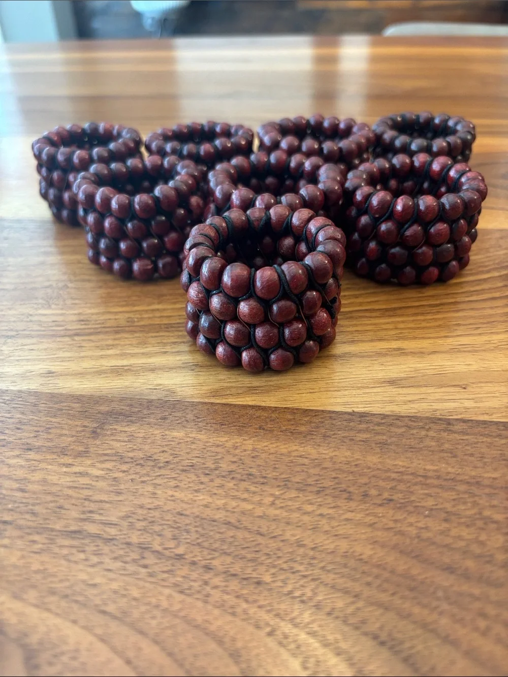Crate & Barrel Mahogany Wood Red Beaded Napkin Rings Set of 8